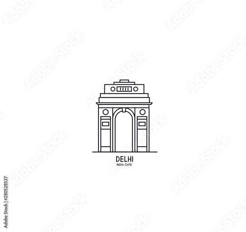 India Gate at New Delhi. 1920s triumphal arch and war memorial. Line art vector illustration.