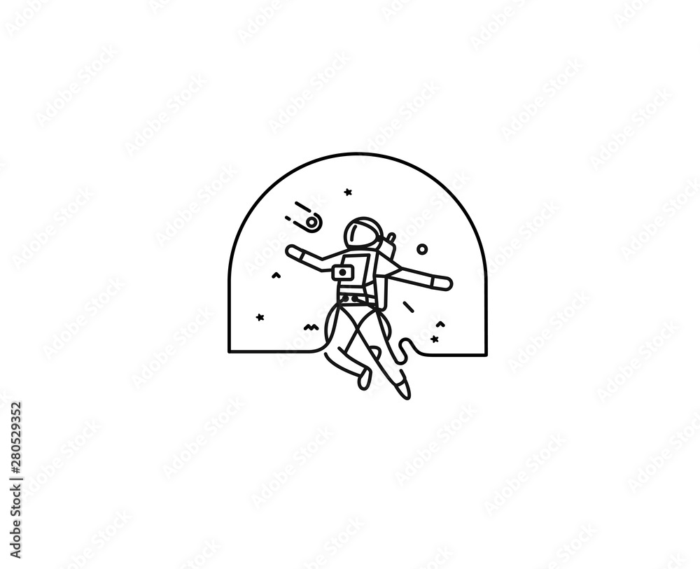 Fototapeta Astronaut falling down in a space - Flat Line Art Design Illustration.