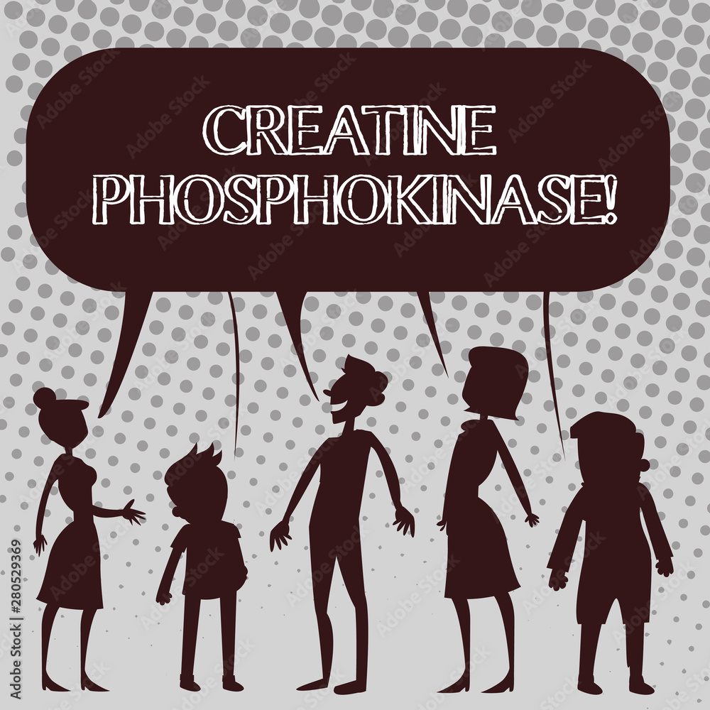 Handwriting text Creatine Phosphokinase. Conceptual photo protein that aids chemical changes in the body Silhouette Figure of People Talking and Sharing One Colorful Speech Bubble Handwriting text Creatine Phosphokinase. Conceptual photo protein that aids chemical changes in the body Silhouette Figure of People Talking and Sharing One Colorful Speech Bubble