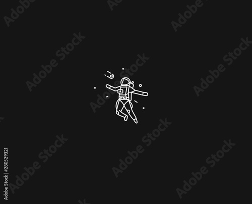 Astronaut falling down in a space - Flat Line Art Design Illustration.