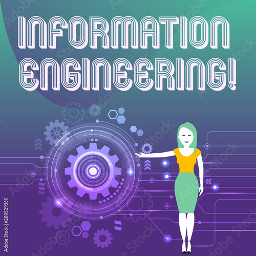 Word writing text Information Engineering. Business photo showcasing deals with distribution and knowledge in systems Woman Standing and Presenting the SEO Process with Cog Wheel Gear inside