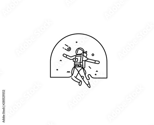 Astronaut falling down in a space - Flat Line Art Design Illustration.