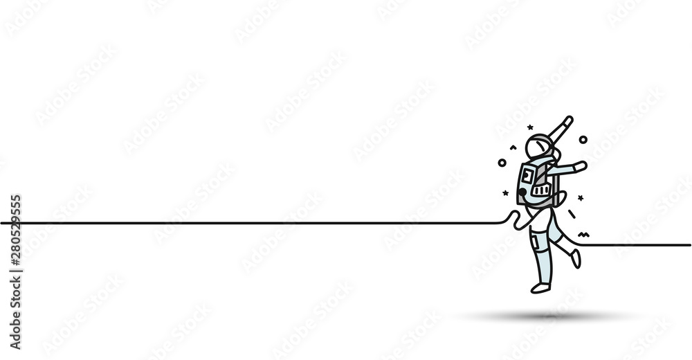 Astronaut falling down in a space - Flat Line Art Design Illustration.