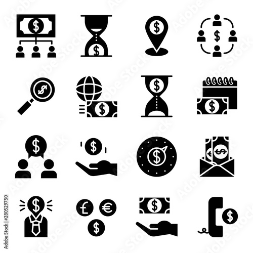 set of dollar currency timer teamwork sallary black solid icon in business or investment.