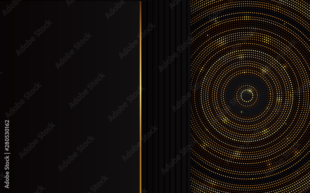 Fototapeta premium Abstract 3d background with black circle layers. Luxury concept vector geometric design template layout with golden light glitter shapes texture for use element cover event, banner announcement, brand