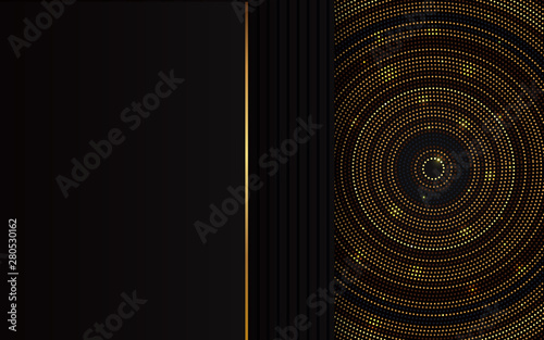 Abstract 3d background with black circle layers. Luxury concept vector geometric design template layout with golden light glitter shapes texture for use element cover event, banner announcement, brand