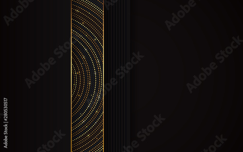 Fototapeta Naklejka Na Ścianę i Meble -  Abstract 3d background with black paper layers. Luxury concept vector geometric design template layout with golden light glitter shapes texture for use element cover, banner, business, advertising