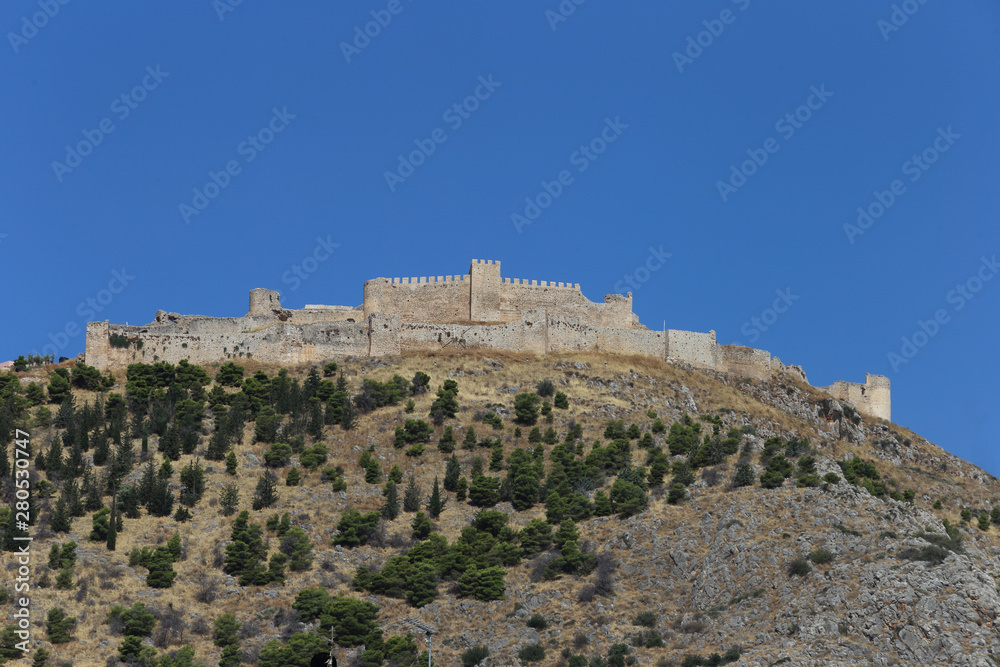 Argos, Greece - 25 July 2019: the fortress on Mount Larissa in Argos in the Peloponnese