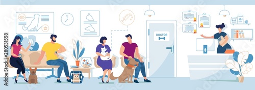 Veterinary Clinic Visitors with Pets Flat Vector