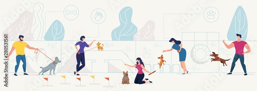 Dog owners playing with pets on playground vector