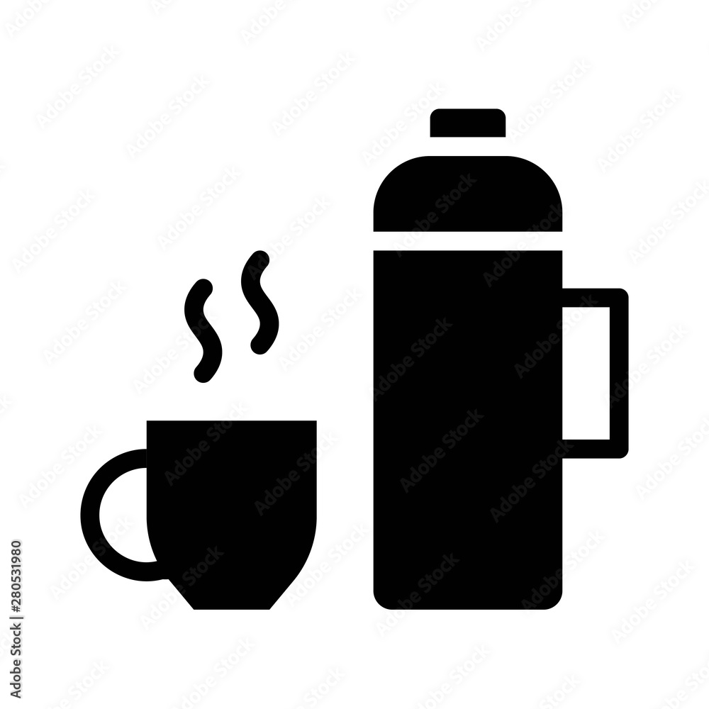Thermo Bottle and hot mug, restaurant related solid black icon. Thermo Bottle and hot mug, restaurant related solid black icon.