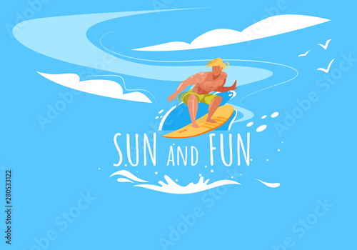 Sun and Fun Banner with Man Riding Surf Board