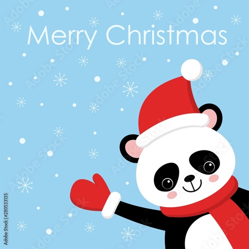 Funny and cute panda wearing Santa s hat for Christmas and smiling