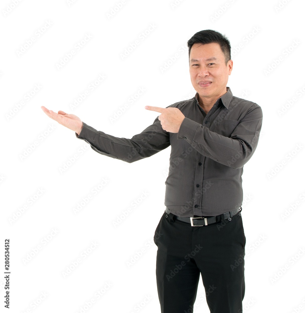Smiling Businessman mobile device pin point on something isolated on white background Smiling Businessman mobile device pin point on something isolated on white background
