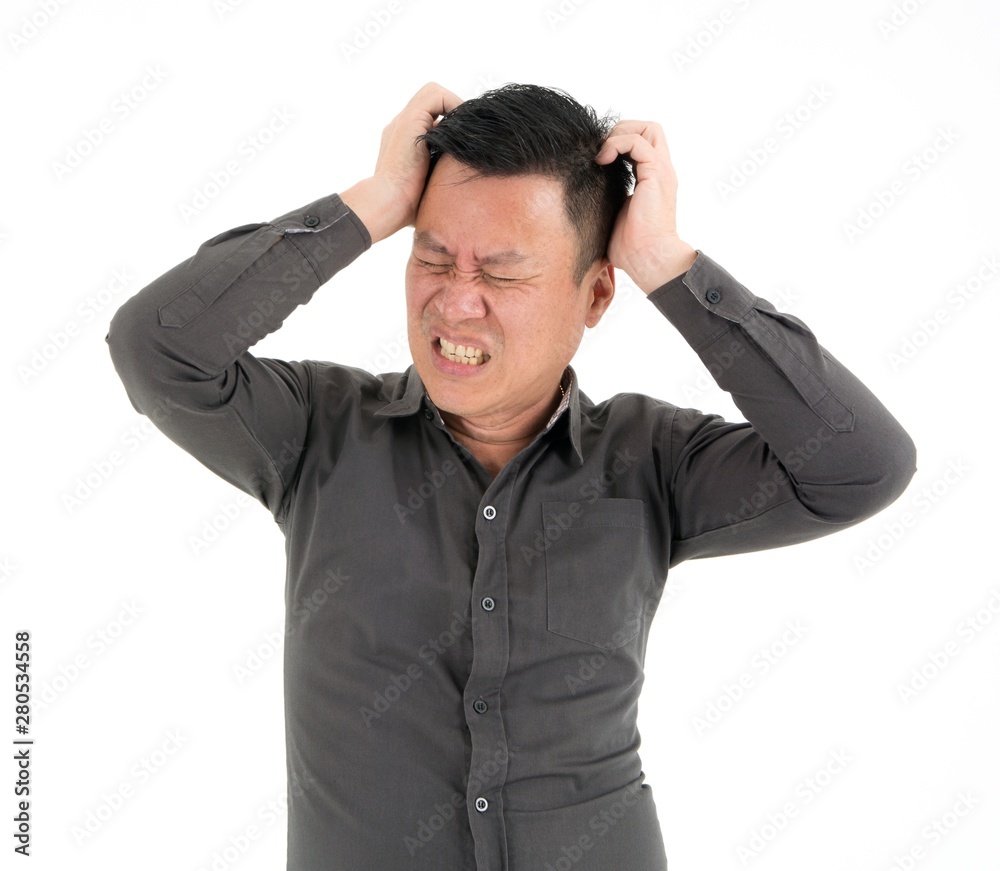 Businessman is headache with situation and hold temper on his head unfortable isolated on white background Businessman is headache with situation and hold temper on his head unfortable isolated on white background
