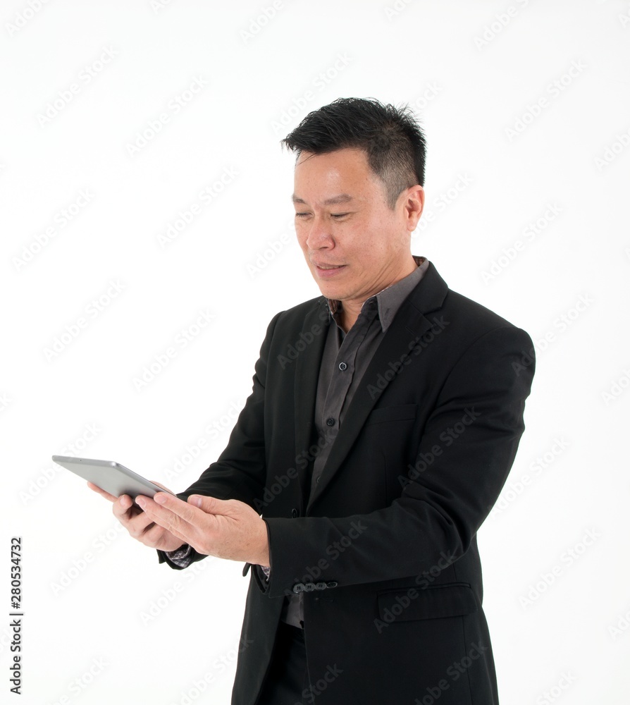 Portrait of businessman look at tablet to search information isolated on white background Portrait of businessman look at tablet to search information isolated on white background