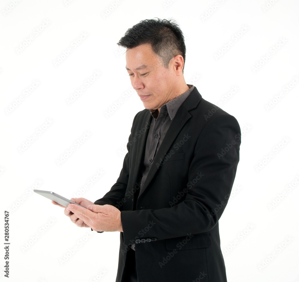 Portrait of businessman look at tablet to search information isolated on white background Portrait of businessman look at tablet to search information isolated on white background