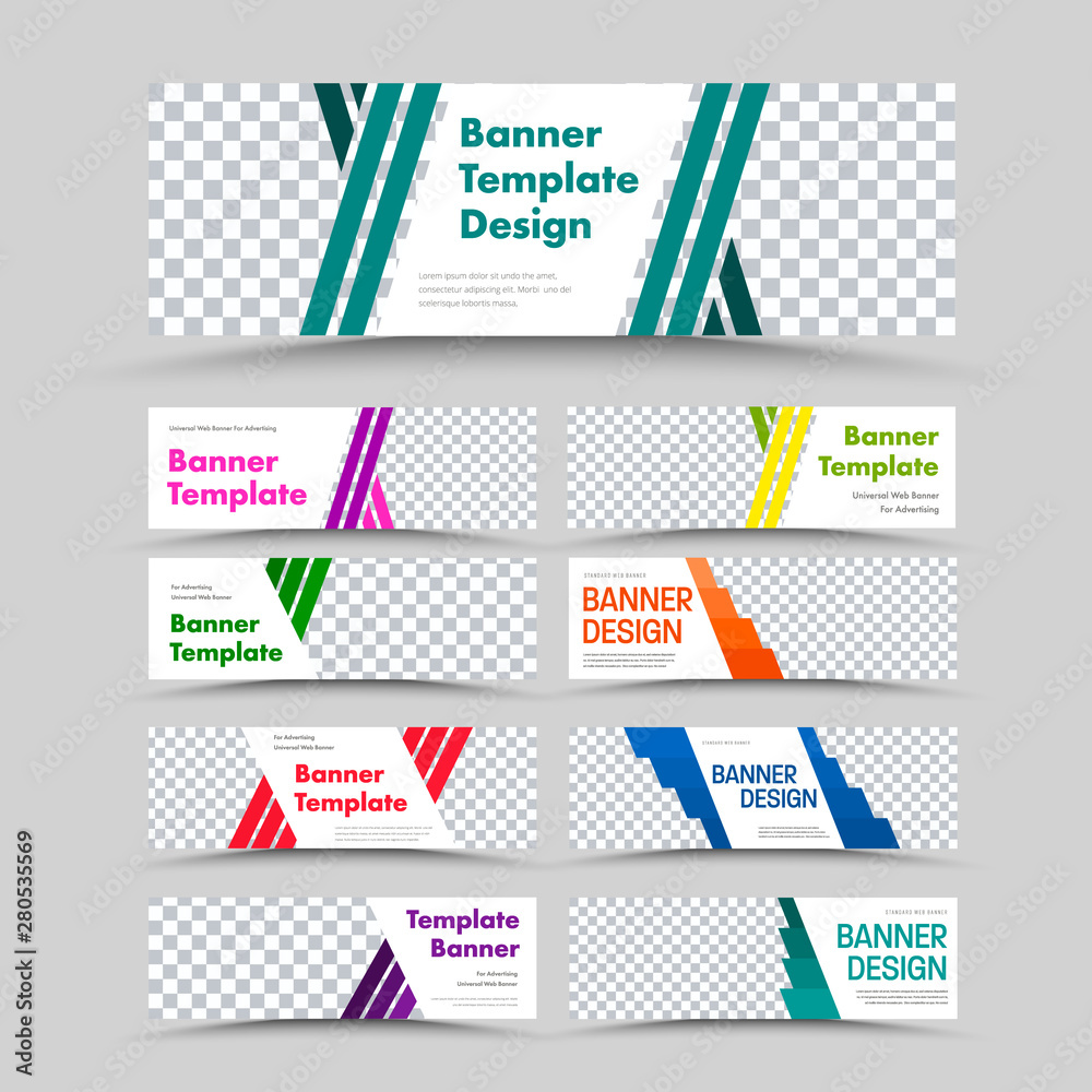 Set of vector white horizontal web banners with place for photo and color diagonal lines and squares. Set of vector white horizontal web banners with place for photo and color diagonal lines and squares.