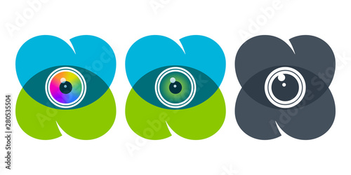 Overlapping heart icons with eyeballs