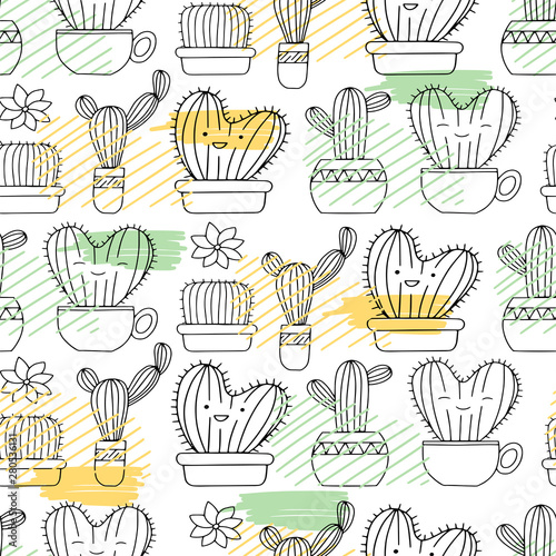 Cute seamless pattern designe. Green tropical cactus in a pot. Gardening. Hand draw illustration on white background. Summer time. Spring is coming.