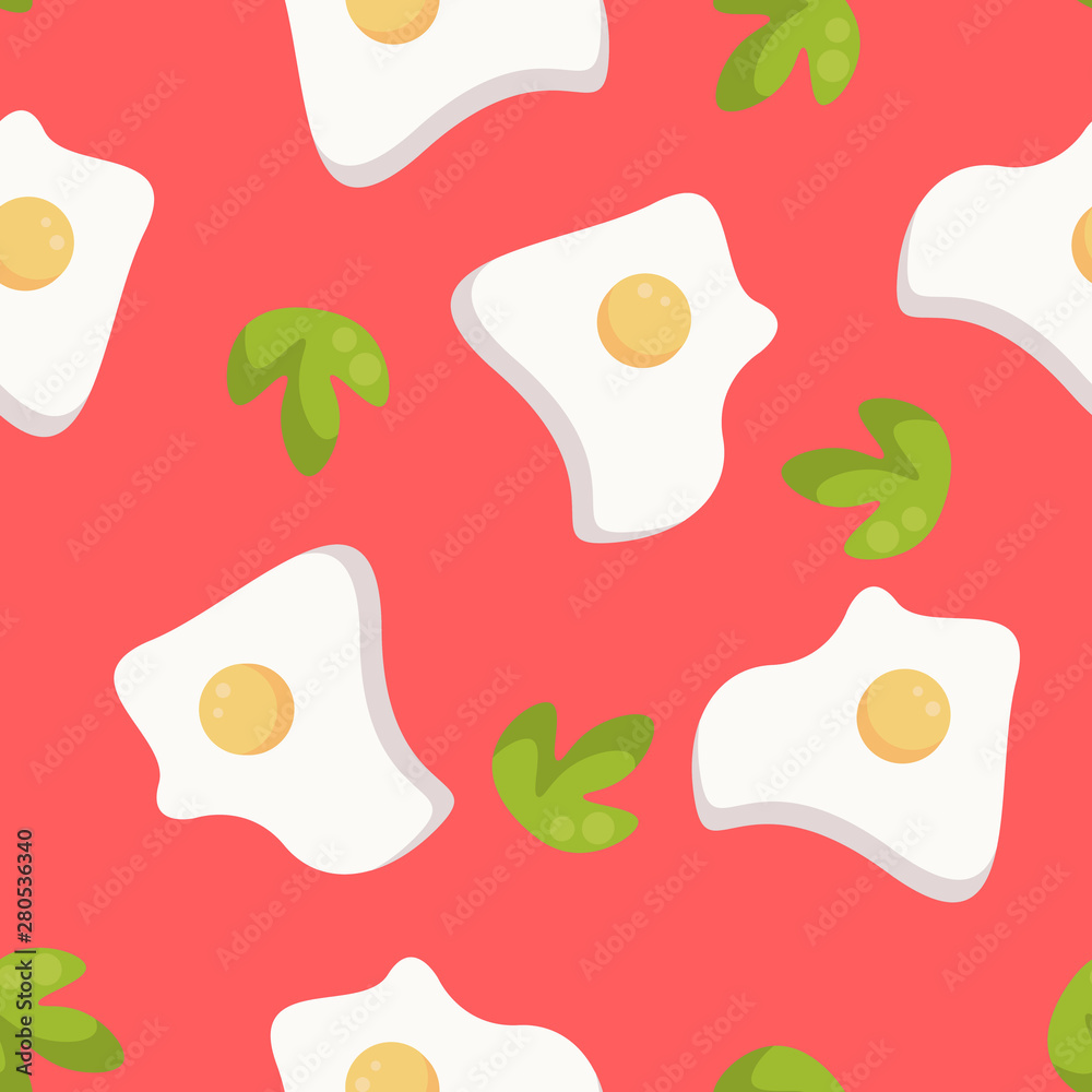 Seamless abstract pattern with food. Cute scrambled eggs in flat style. Gentle colors. Healthy wholesome breakfast. Raster illustration, print for textiles, packaging and various surfaces.