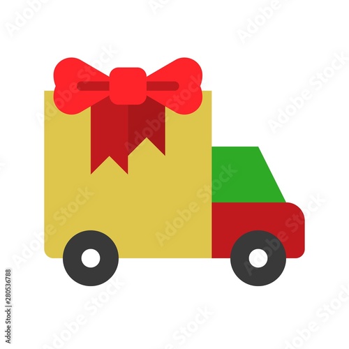 gift delivery truck service Christmas flat design icon.
