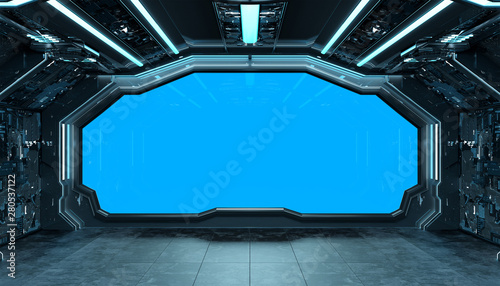 Fototapeta Naklejka Na Ścianę i Meble -  Dark blue spaceship futuristic interior mockup with window 3d rendering