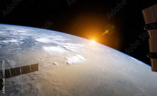 Fototapeta Naklejka Na Ścianę i Meble -  View of planet Earth from a space station window during a sunrise 3D rendering elements of this image furnished by NASA