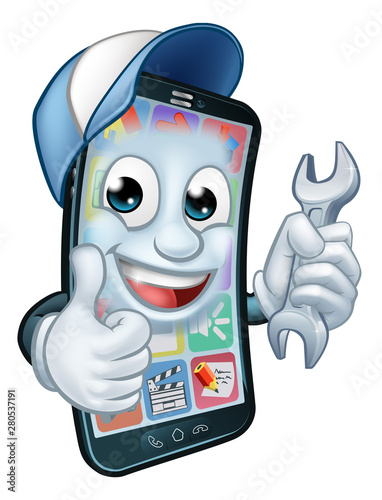 A mobile phone repair service or perhaps plumber or mechanic app cartoon character mascot holding spanner and giving a thumbs up.