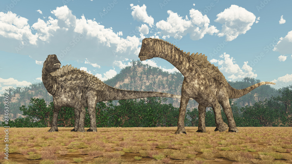 Fototapeta premium Dinosaurier Ampelosaurus in einer Landschaft