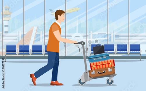 man with luggage trolley in airport. Travel concept. Vector illustration in flat style