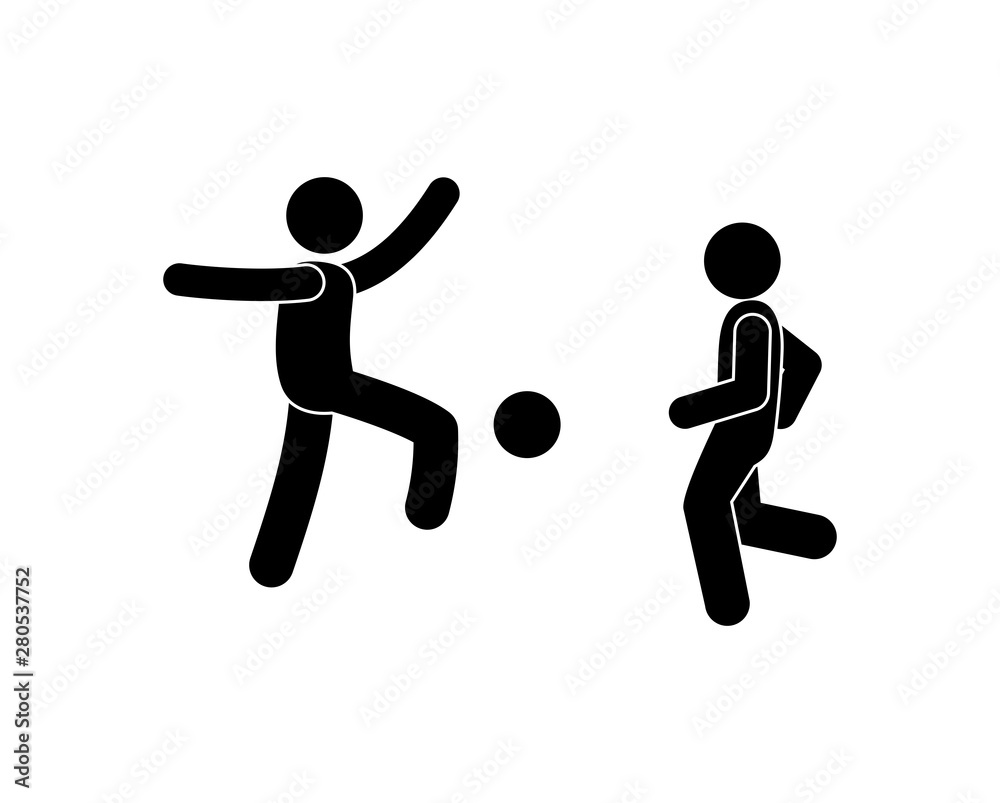 people play football, football players icon with a ball, stick figure pictogram human silhouette