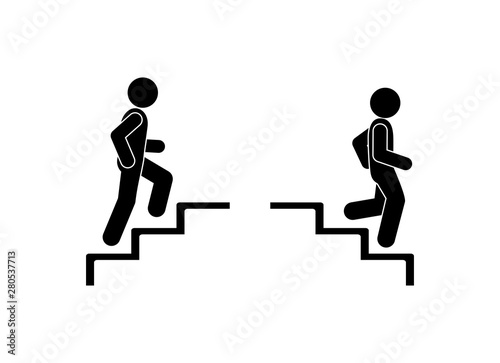 Upstairs-downstairs icon sign. Walk man in the stairs. Man walking up the steps stick figure pictogram.