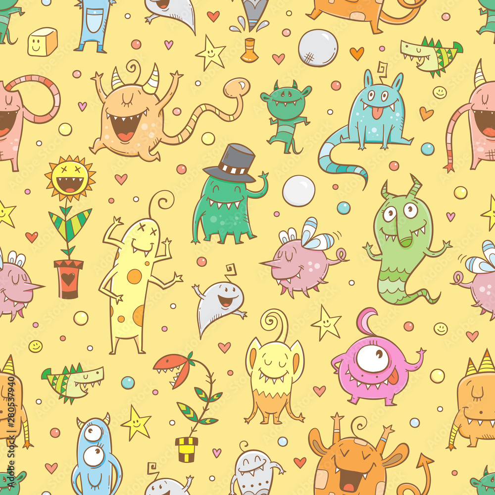 Seamless halloween pattern with cute cartoon monsters on yellow background. Doodle style.Vector contour image. Seamless halloween pattern with cute cartoon monsters on yellow background. Doodle style.Vector contour image.