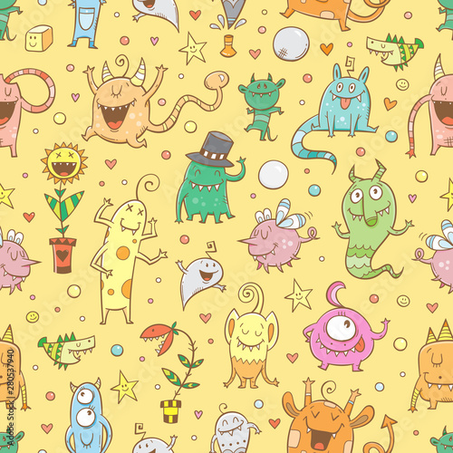 Wallpaper Mural Seamless halloween pattern with cute cartoon monsters on yellow  background. Doodle style.Vector contour image. Torontodigital.ca