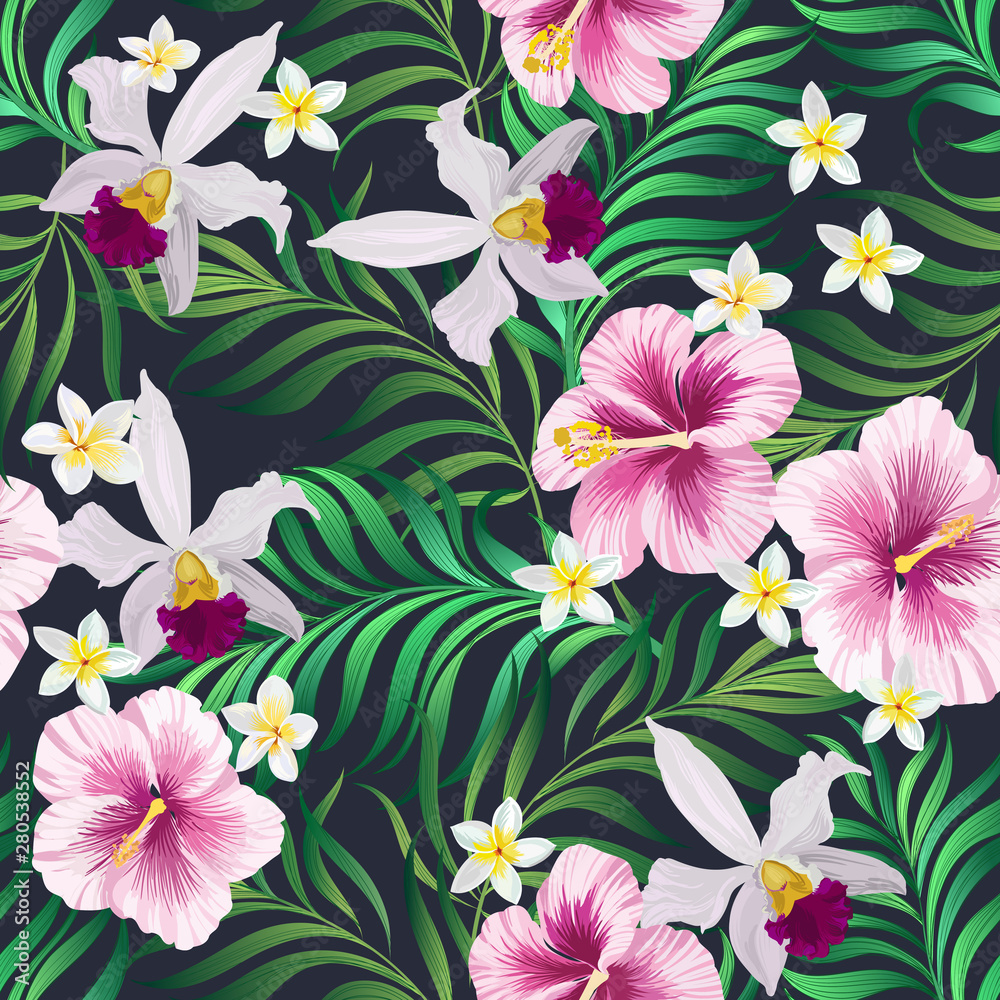 Tropical palm, monstera, fern leaves, hibiscus flowers on the black background. Seamless vector pattern Tropical palm, monstera, fern leaves, hibiscus flowers on the black background. Seamless vector pattern