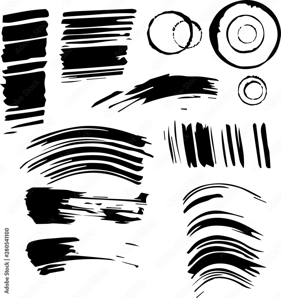 Set of imprints of ink. Black prints, strokes, stains on an isolated white background.