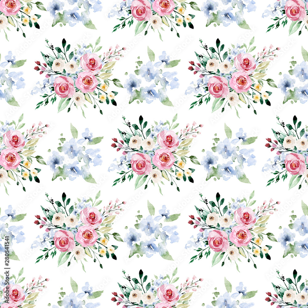 Seamless floral pattern, repeat background with watercolor flowers