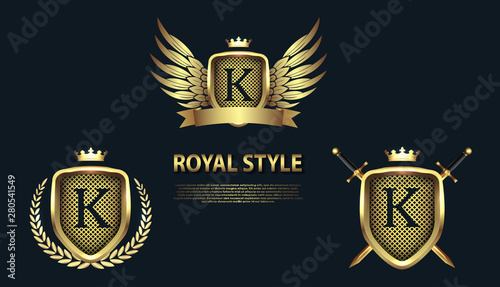 Set of modern heraldic shields with crowns and initial letter K isolated on black background. 3D letter monogram different shapes in golden style. Design elements for logo, label, emblem, sign, icon.
