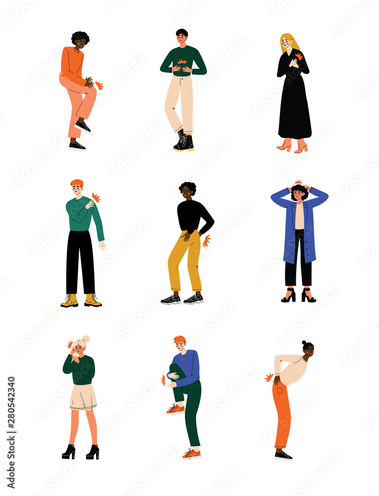 Different People Feeling Pain in Different Parts of Body Caused By Illness or Injury Set, Toothache, Headache, Backache, Pain in Arms, Legs, Shoulder and Chest Vector Illustration
