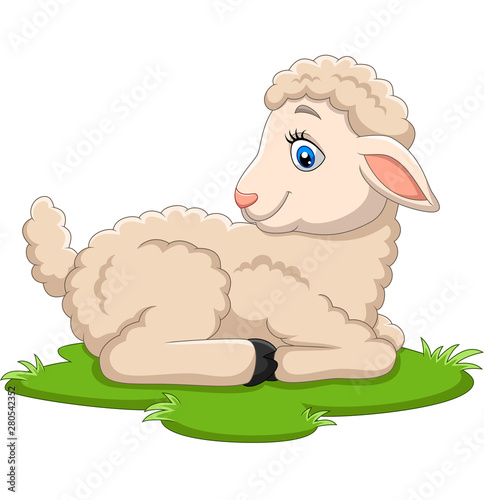 Cartoon happy lamb sitting on the grass