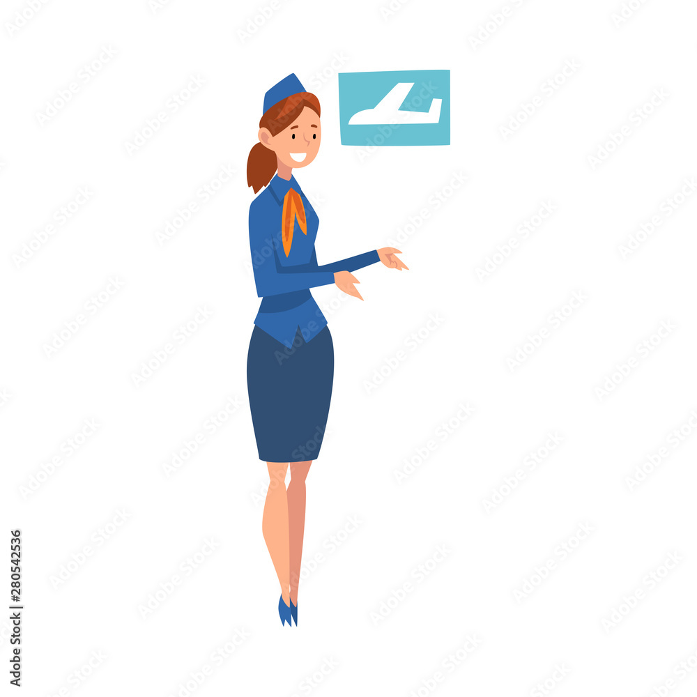 Smiling Stewardess Character Wearing Blue Uniform Doing Welcome Gesture Vector Illustration Smiling Stewardess Character Wearing Blue Uniform Doing Welcome Gesture Vector Illustration