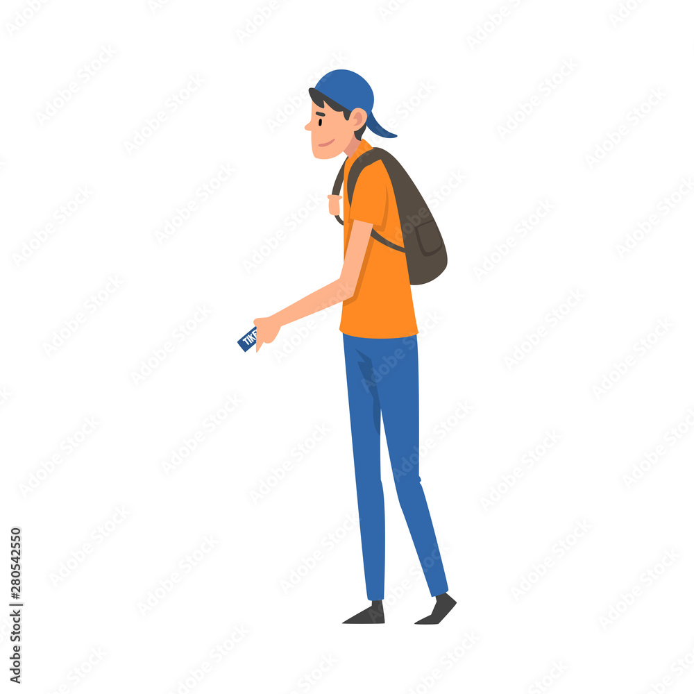Teenager Boy Standing with Tickets at Airport Vector Illustration Teenager Boy Standing with Tickets at Airport Vector Illustration