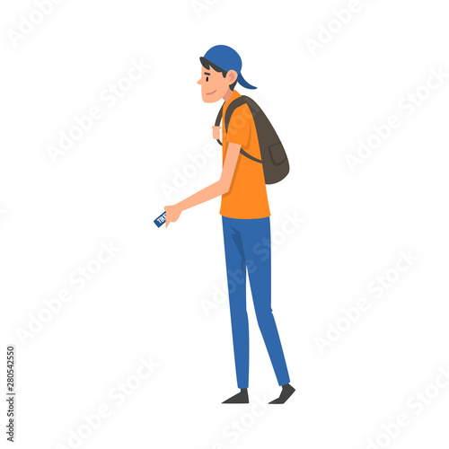 Teenager Boy Standing with Tickets at Airport Vector Illustration