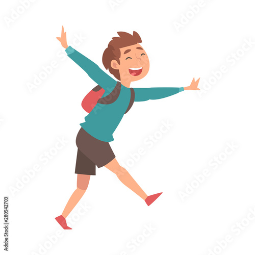 Happy Smiling Boy Running with Backpack at Airport Vector Illustration