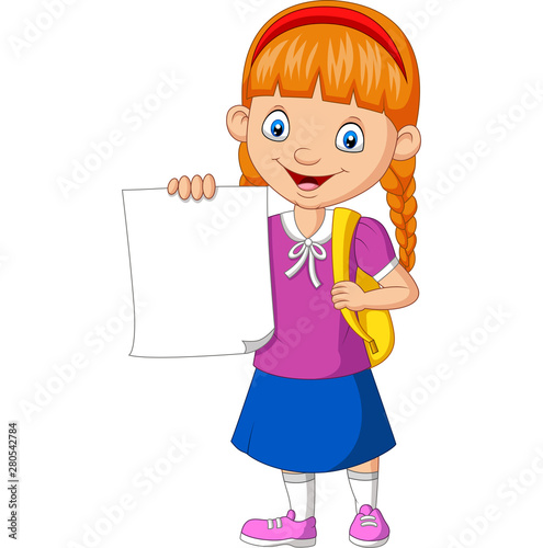 Cartoon school girl holding blank paper