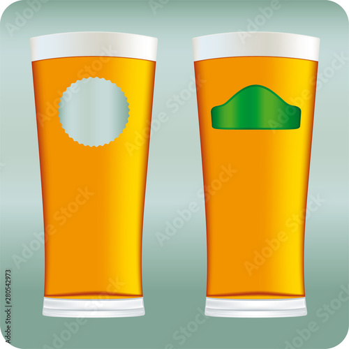 Beer glasses. Mug full with blond beer and foam.