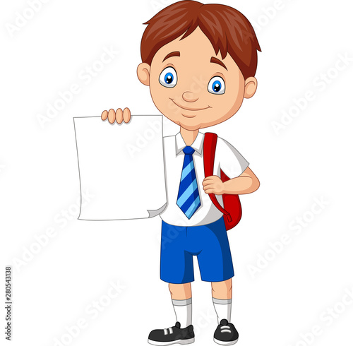 Cartoon school boy in uniform holding blank paper