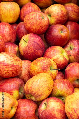 Red yellow apples grade gala. Plenty of ripe apple fruits, counter market shop