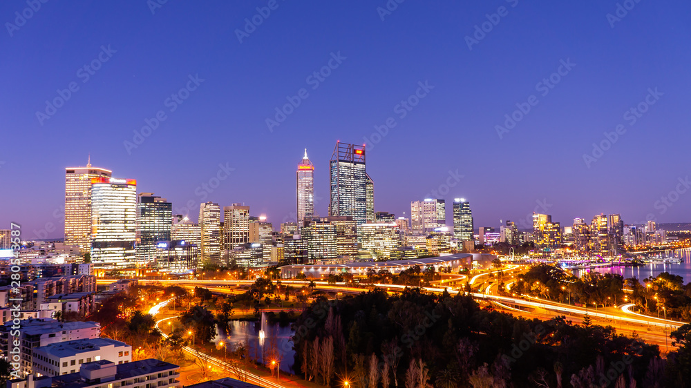 Long Exposure of Perth city skyline. Taken in golden hour with a 30 second exposure from kings park.  Vibrant colours from a lively city